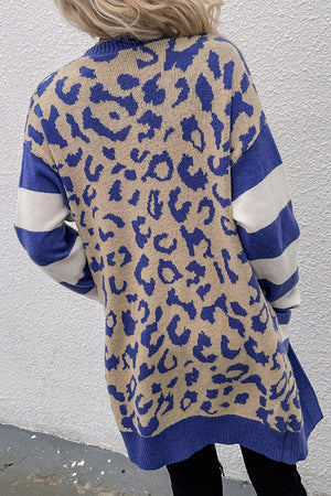 Dark Blue Stripe Sleeve Leopard Print Cardigan