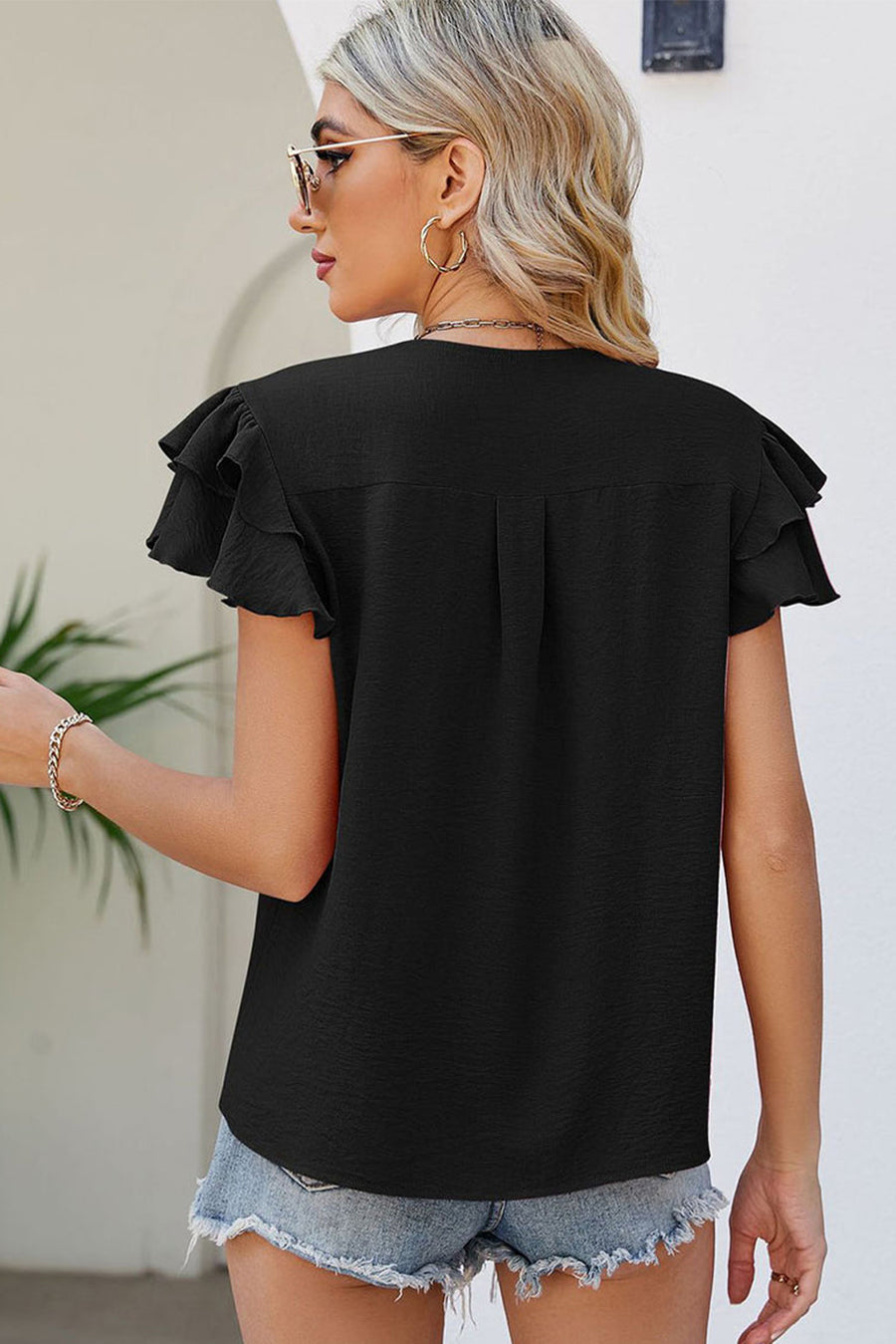 Black Ruffled Short Sleeve V Neck Plus Size Blouse