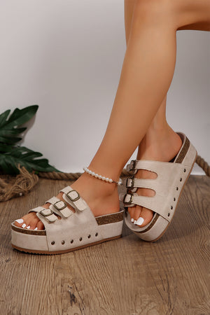 Beige Cut Out Buckle Straps Stud Platform Slides Shoes