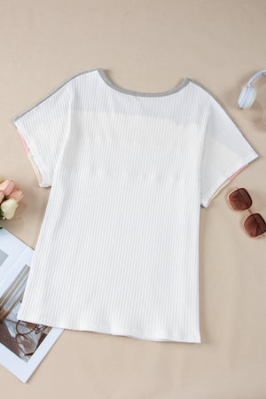 White Ribbed Color Block Patchwork Plus T Shirt