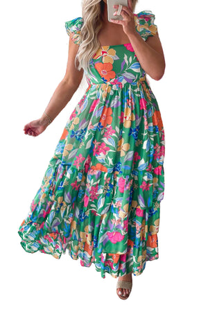 Green Plus Size Floral Smocked Back Tiered Maxi Dress