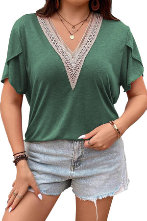 Blackish Green Plus Size Contrast V Neck Draped Sleeve Blouse