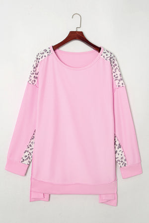 Pink Exposed Seam Leopard Splicing Plus Size Sweatshirt