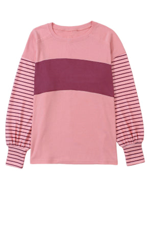 Red Colorblock Striped Bishop Sleeve Top with Side Slits