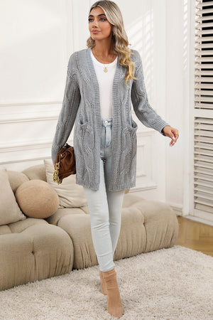 Gray Ribbed Trim Hollow Knit Side Slits Cardigan