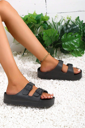 Pale Chestnut Double Buckle Strap Flat Slides Shoes