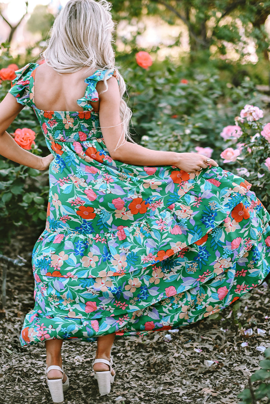 Green Plus Size Floral Smocked Back Tiered Maxi Dress