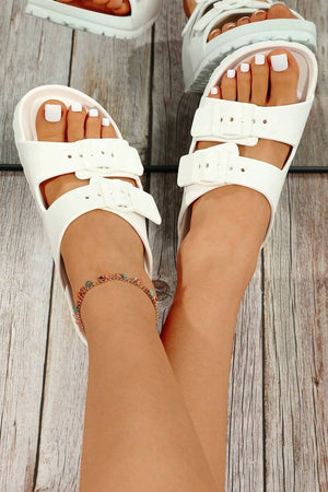 Pale Chestnut Double Buckle Strap Flat Slides Shoes