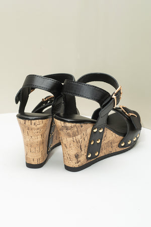 Camel Rivet Buckle Closure Wedge Sandals