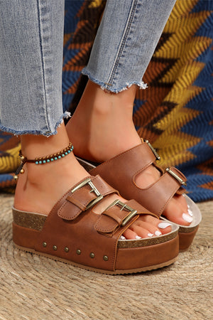 Chestnut Dual Buckle Studded Vintage Platform Slides Shoes