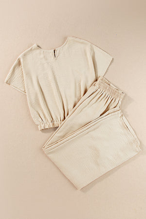 Beige Crinkled Elastic Hem Crop Tee and Wide Leg Pants Set