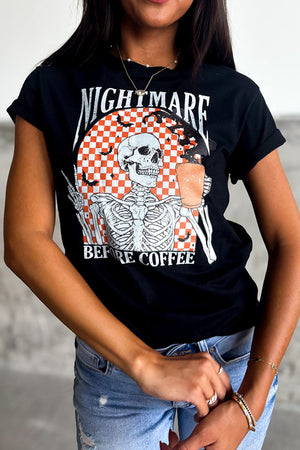 Black Nightmare Before Coffee Letter Print Graphic Tee