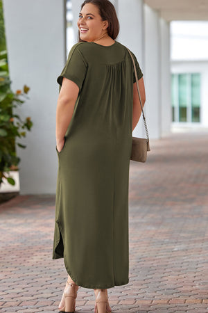 Green V Neck Rolled Cuffs Plus Size Maxi Dress