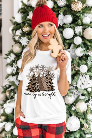 White Leopard Christmas Tree Casual Crew Neck Graphic Tee