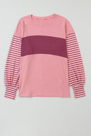 Red Colorblock Striped Bishop Sleeve Top with Side Slits