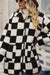 Black Checkered Side Pockets Collared Buttoned Fleece Jacket