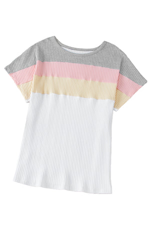 White Ribbed Color Block Patchwork Plus T Shirt