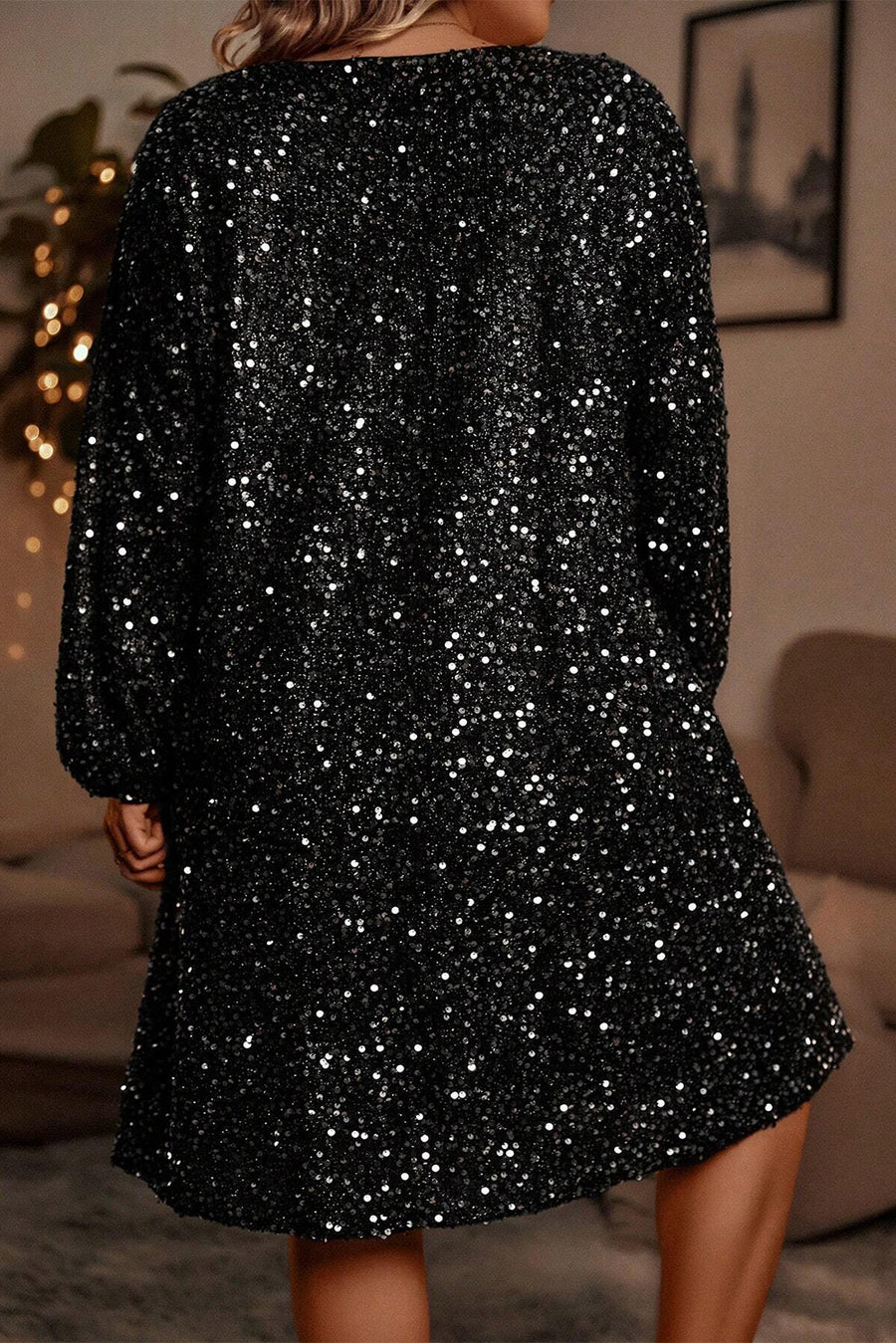 Black Plus Size Bubble Sleeve V Neck Sequin Dress