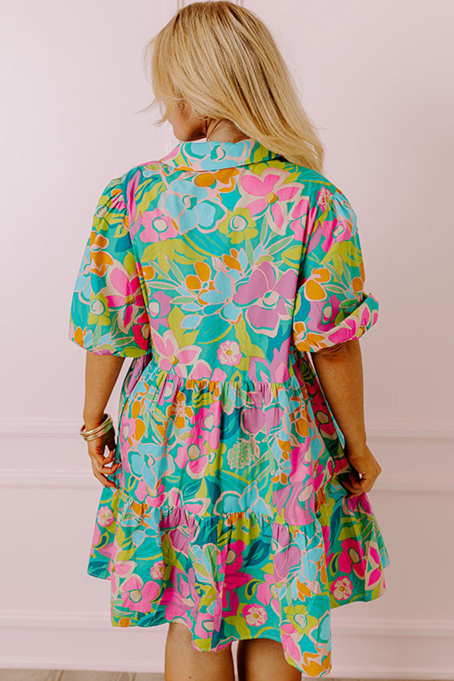 Green Plus Floral Print Puff Sleeve Tiered Shirt Dress