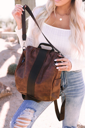 Brown Retro Faux Leather Multi-Functional Zipper Backpack