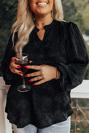 Black Plus Size Leopard Print Frill Notch V Neck Blouse