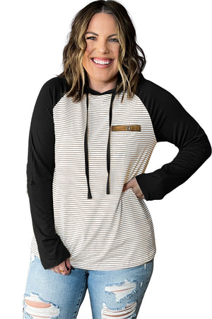 Black Striped Raglan Sleeve Pocket Plus Size Hoodie