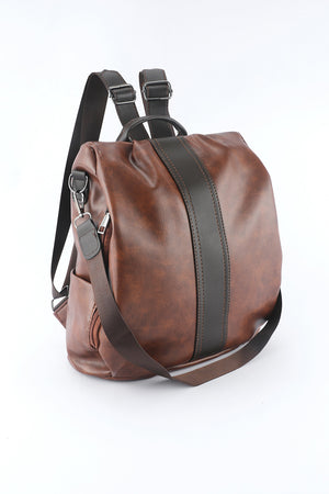 Brown Retro Faux Leather Multi-Functional Zipper Backpack