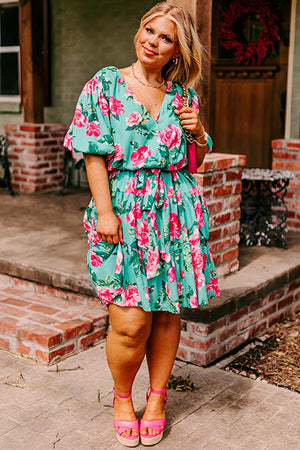 Green Floral Bubble Sleeve Surplice Ruffled Plus Size Dress