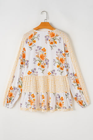 White Plus Size Floral Print V Neck Puff Sleeve Blouse