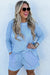 Light Blue Plus Size Ribbed Long Sleeve Top and Drawstring Shorts Set