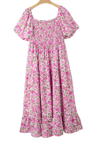 Pink Plus Size Floral Print Smocked Puff Sleeve Maxi Dress