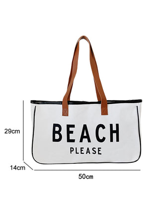 Bright White BEACH PLEASE Print Large Canvas Tote Bag