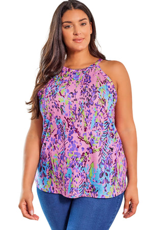 Multicolor Floral Print Round Neck Plus Size Tank Top