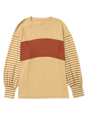 Red Colorblock Striped Bishop Sleeve Top with Side Slits