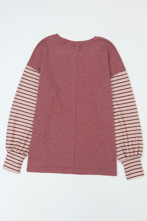 Red Colorblock Striped Bishop Sleeve Top with Side Slits