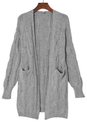 Gray Ribbed Trim Hollow Knit Side Slits Cardigan