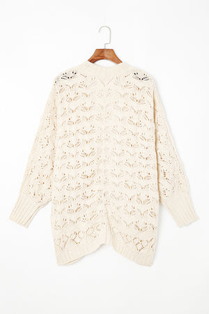 Beige Plus Size Hollowed Open Front Ribbed Trim Cardigan