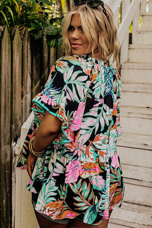 Black Plus Tropical Print Ruffled Sleeve Flowy Blouse