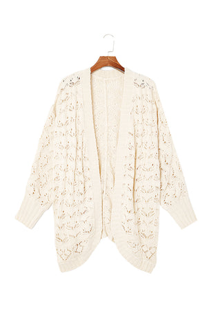 Beige Plus Size Hollowed Open Front Ribbed Trim Cardigan