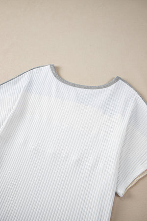 White Ribbed Color Block Patchwork Plus T Shirt