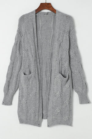 Gray Ribbed Trim Hollow Knit Side Slits Cardigan