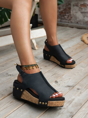 Gray Vintage Leather Stitching Studded Wedge Sandals