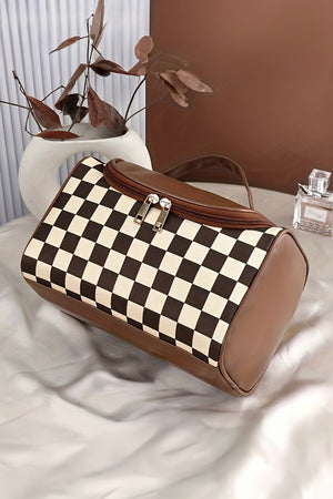 Black Checker Print Leather Zipper Makeup Bag