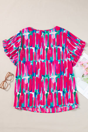 Rose Plus Size Abstract Print Ruffled Petal Sleeve Blouse