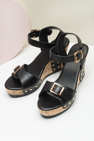 Camel Rivet Buckle Closure Wedge Sandals