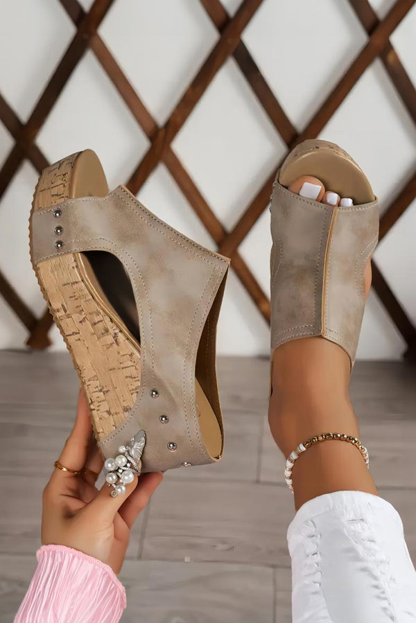 Gray Hollow Out Studded PU Leather Wedge Slides Shoes