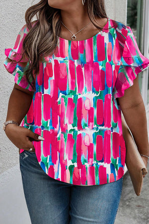 Rose Plus Size Abstract Print Ruffled Petal Sleeve Blouse