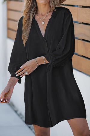 Black Plus Size Tie Cuffs V Neck Shirt Dress