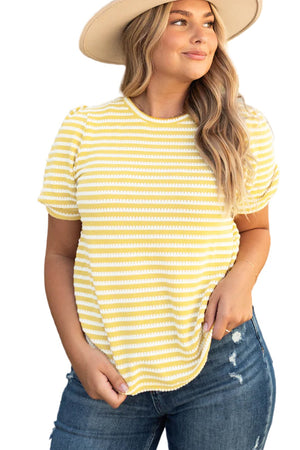 Yellow Stripe Short Puff Sleeve Plus Size Top