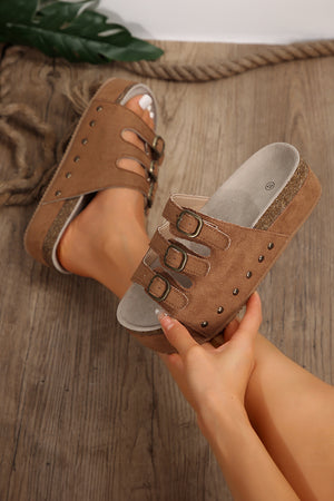 Beige Cut Out Buckle Straps Stud Platform Slides Shoes